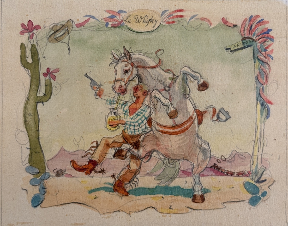 Dessin Jean Terles  LE WHISKY COW BOY Alcool CACTUS FAR WEST Cheval illustré 1950-photo-2