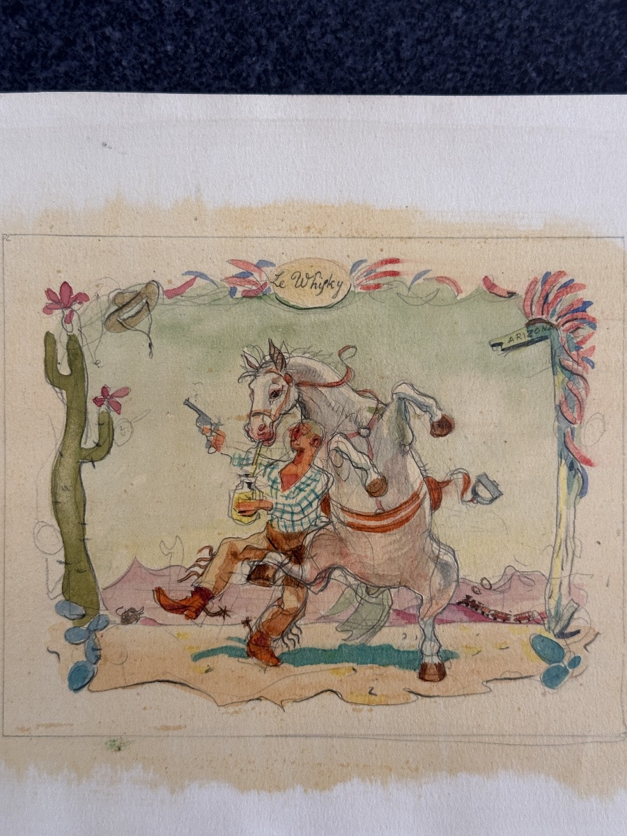 Dessin Jean Terles  LE WHISKY COW BOY Alcool CACTUS FAR WEST Cheval illustré 1950-photo-4