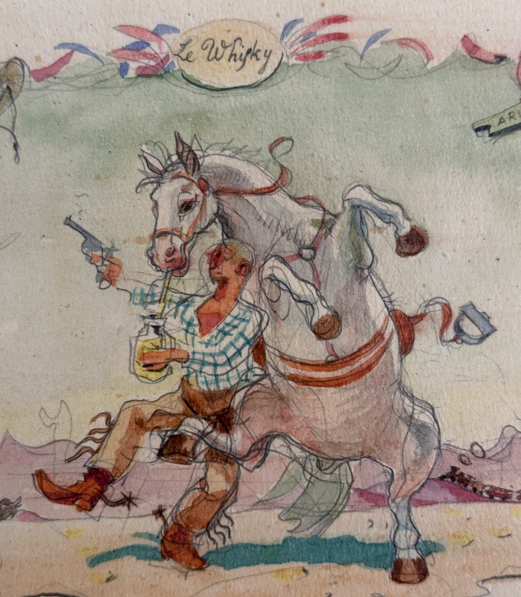 Dessin Jean Terles  LE WHISKY COW BOY Alcool CACTUS FAR WEST Cheval illustré 1950