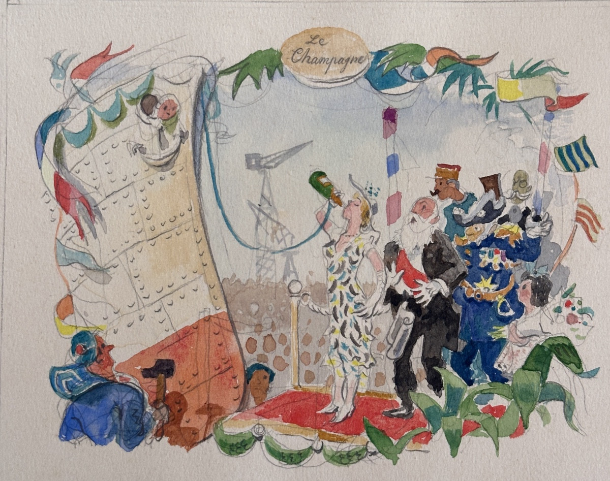 Jean Terles Dessin aquarelle  Paquebot croisière le port de Marseille Champagne 1930-photo-2