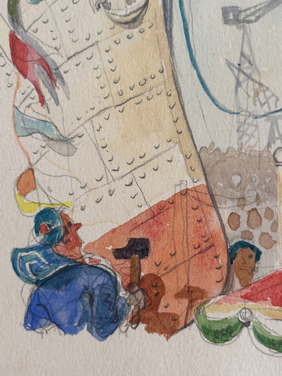 Jean Terles Dessin aquarelle  Paquebot croisière le port de Marseille Champagne 1930-photo-2