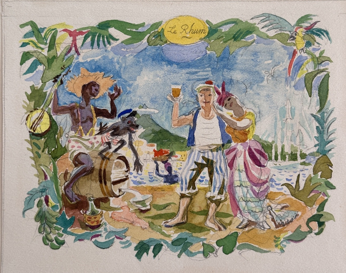 Jean Terles  Dessin aquarelle Le RHUM Alcool Martinique illustration 1950 -photo-2