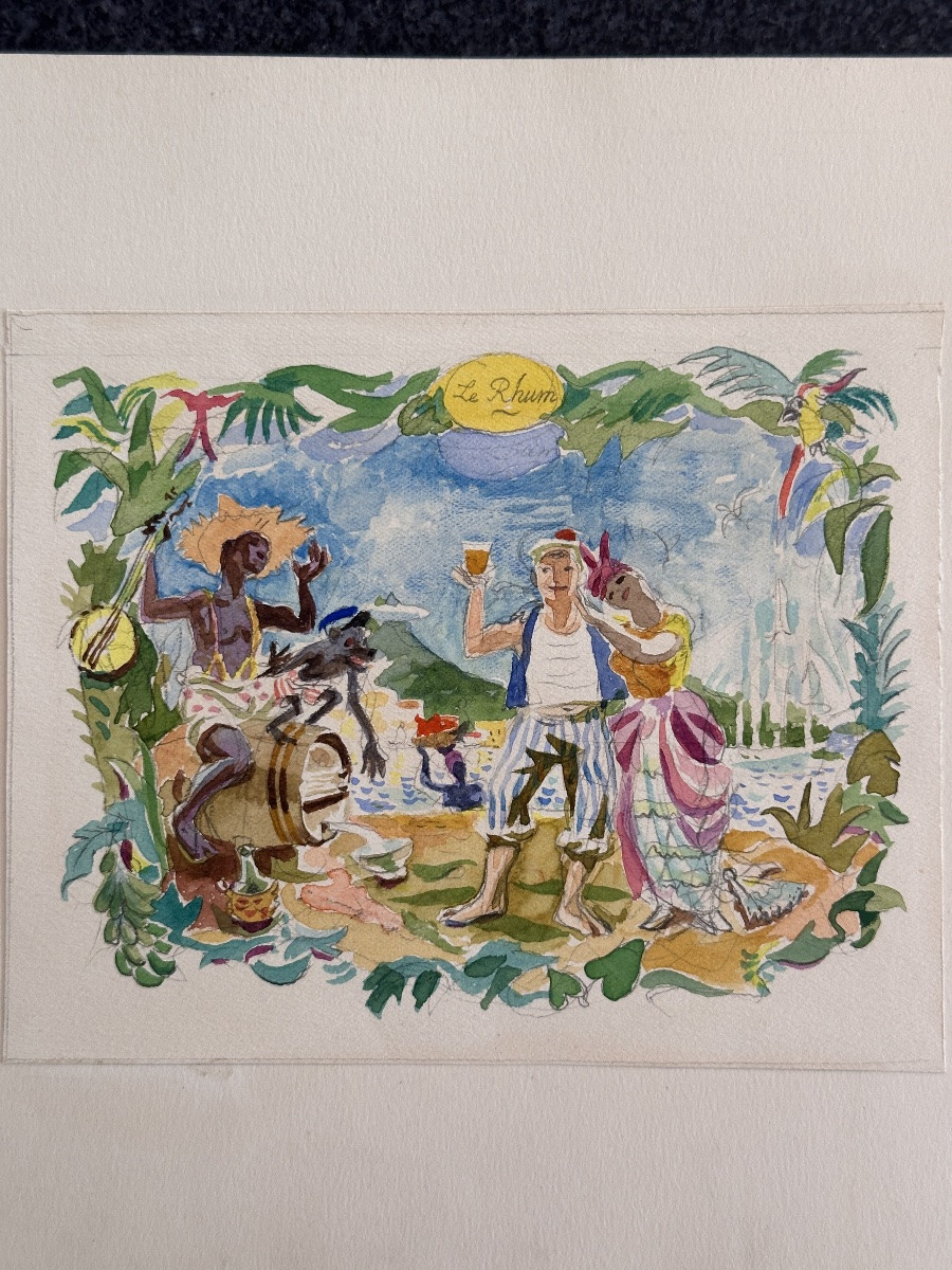 Jean Terles  Dessin aquarelle Le RHUM Alcool Martinique illustration 1950 -photo-3