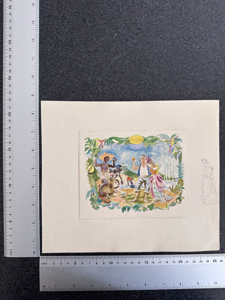 Jean Terles  Dessin aquarelle Le RHUM Alcool Martinique illustration 1950 -photo-4