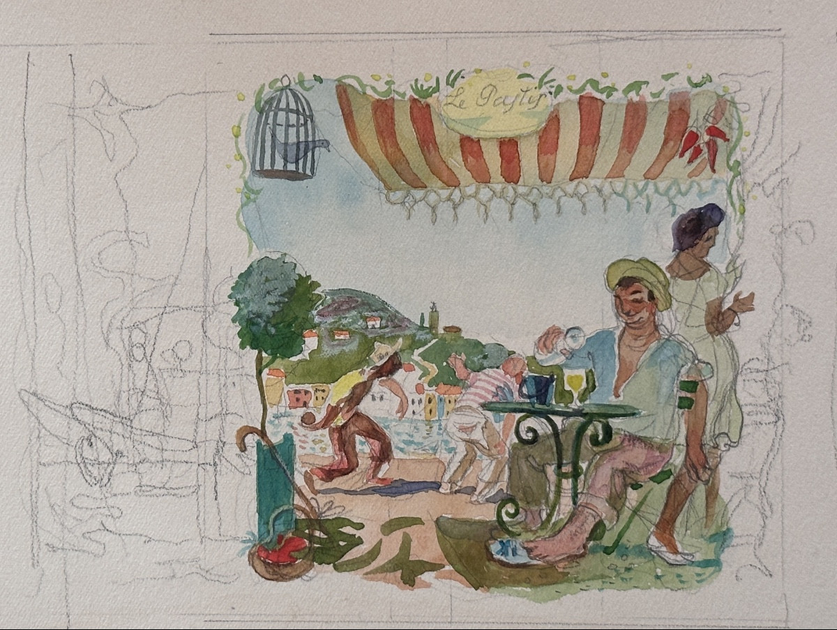 Jean Terles César Pagnol port Marseille Pétanque Pastis terrasse 1930 dessin aquarelle -photo-2