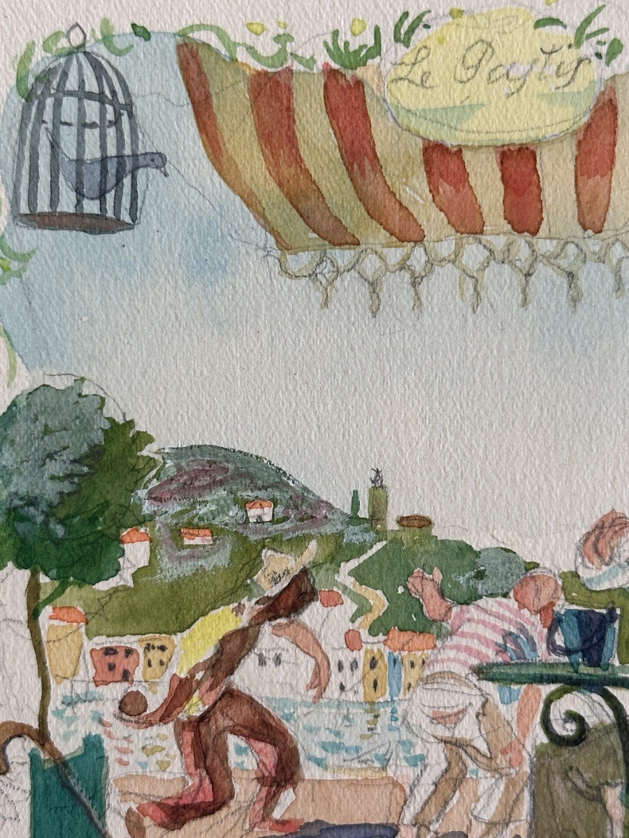 Jean Terles César Pagnol port Marseille Pétanque Pastis terrasse 1930 dessin aquarelle -photo-1