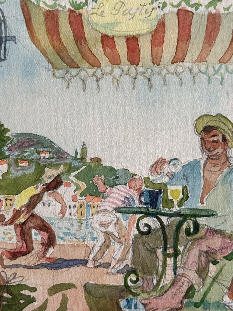 Jean Terles César Pagnol port Marseille Pétanque Pastis terrasse 1930 dessin aquarelle -photo-2