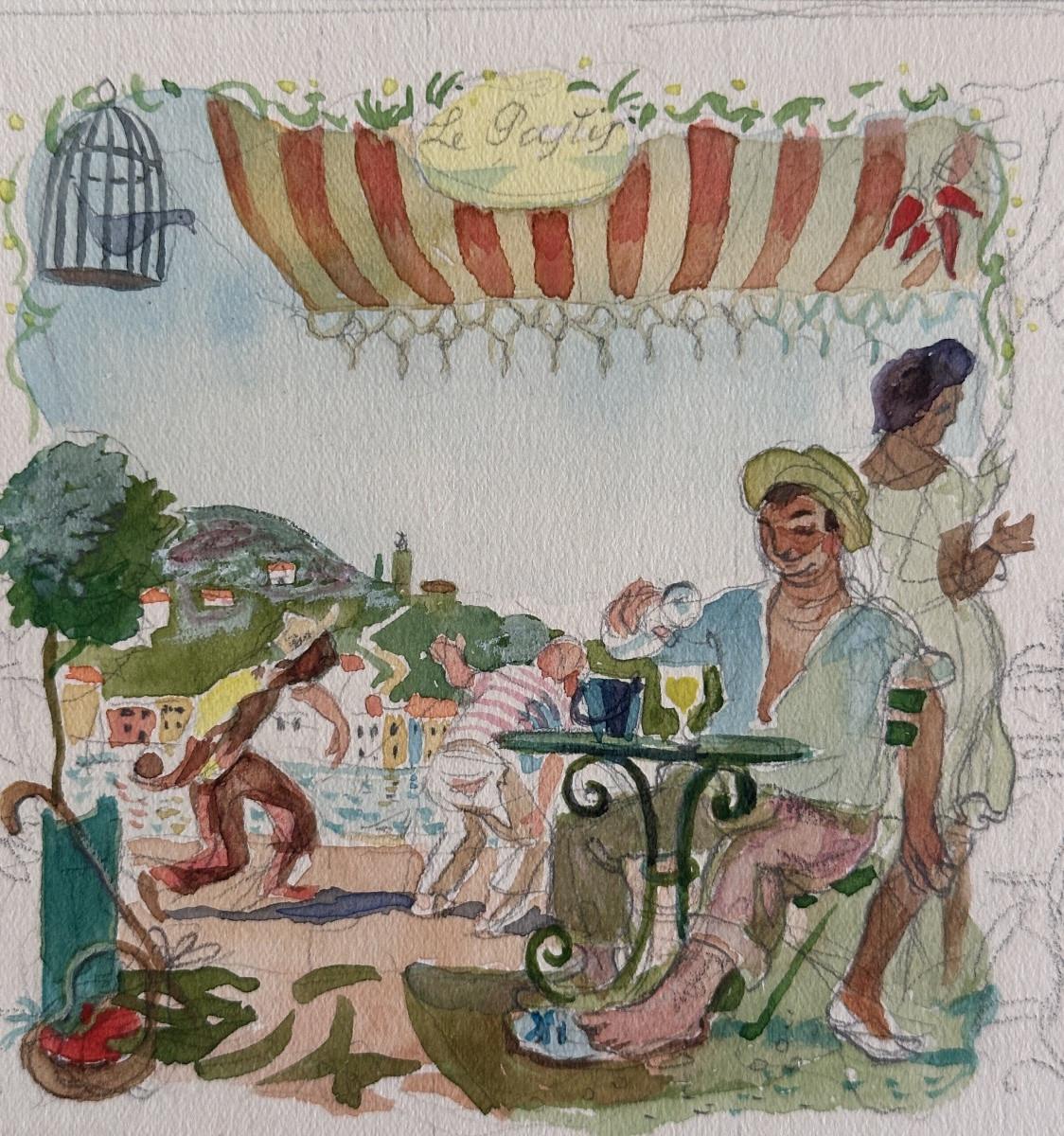 Jean Terles César Pagnol port Marseille Pétanque Pastis terrasse 1930 dessin aquarelle -photo-3