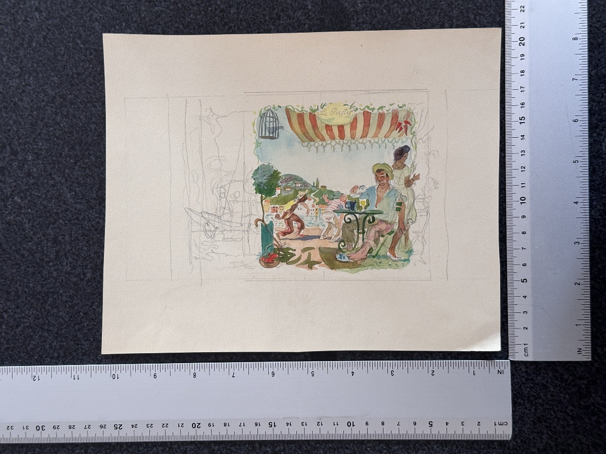 Jean Terles César Pagnol port Marseille Pétanque Pastis terrasse 1930 dessin aquarelle -photo-4