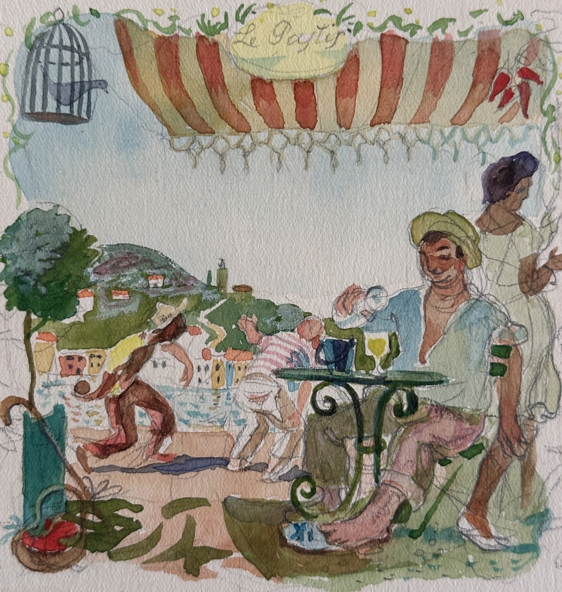 Jean Terles César Pagnol port Marseille Pétanque Pastis terrasse 1930 dessin aquarelle 