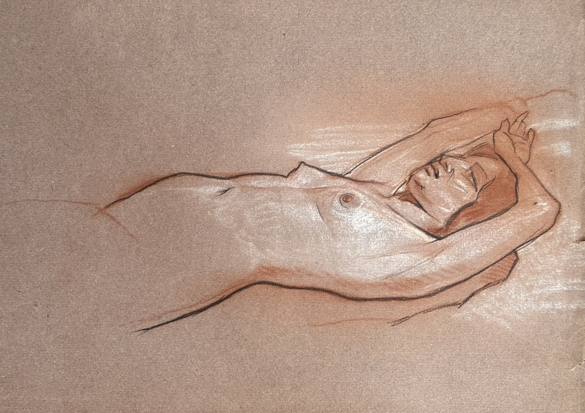 Jean Terles Nude Lying Down With Raised Arms Portrait Young Woman Redhead Eroticism Art Deco