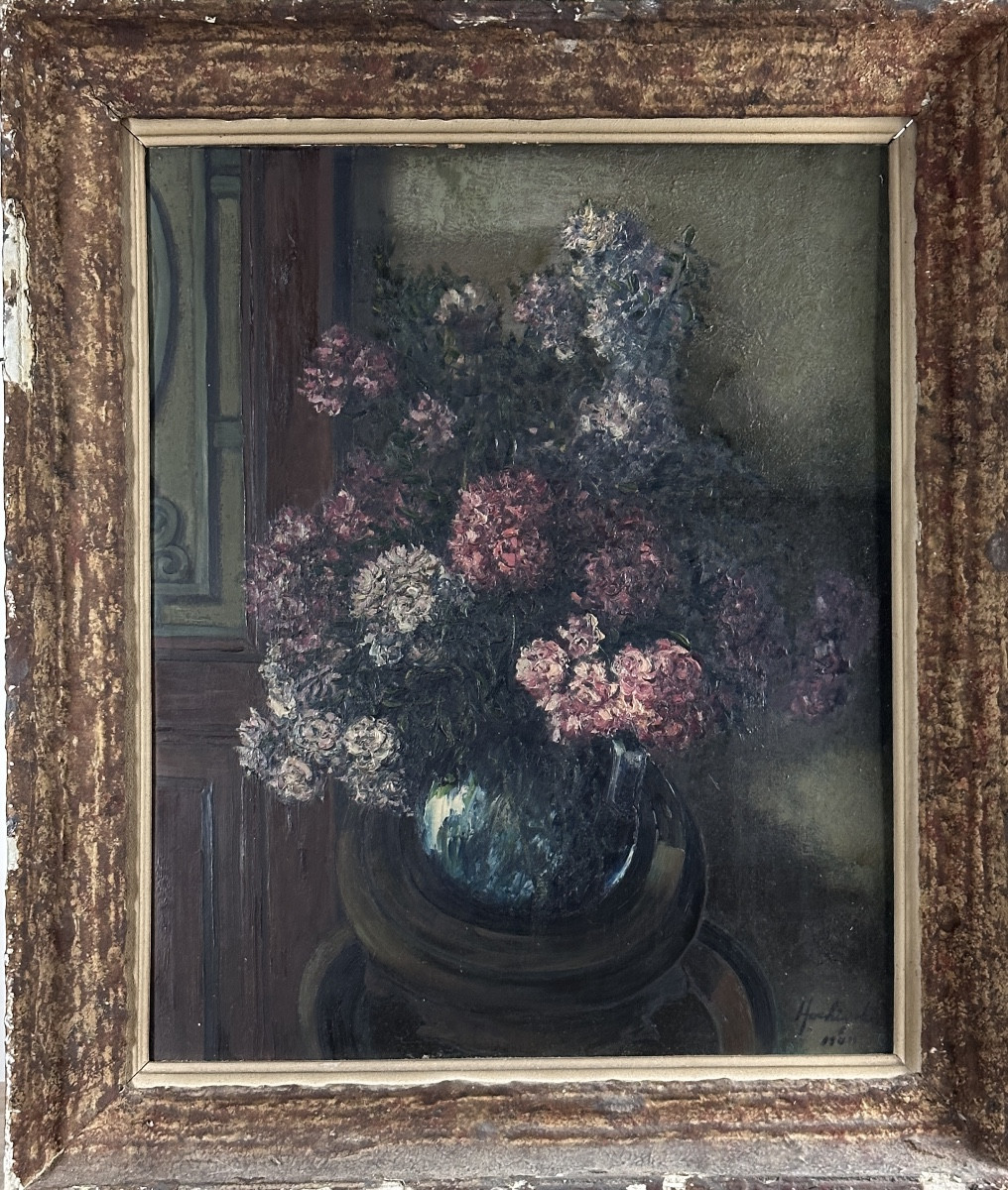 Konosuke  Hoshizaki  Tableau ancien Intérieur Parisien Bouquet de lilas Japon ART DECO -photo-3