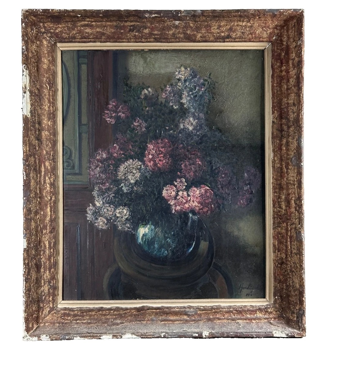 Konosuke  Hoshizaki  Tableau ancien Intérieur Parisien Bouquet de lilas Japon ART DECO 
