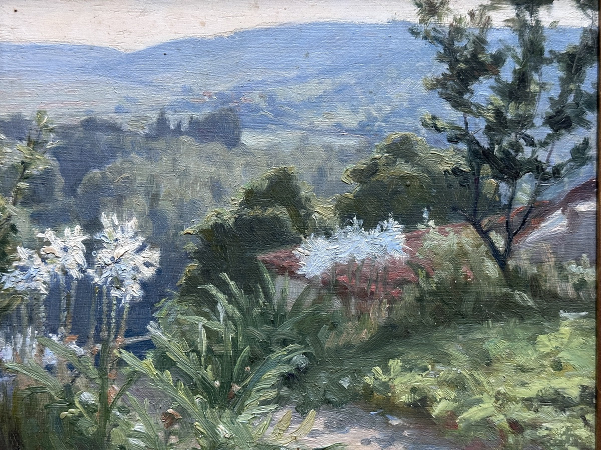  Chauvelot  Tableau ancien Vue du Lot jardin printemps paysage arboré art deco -photo-1