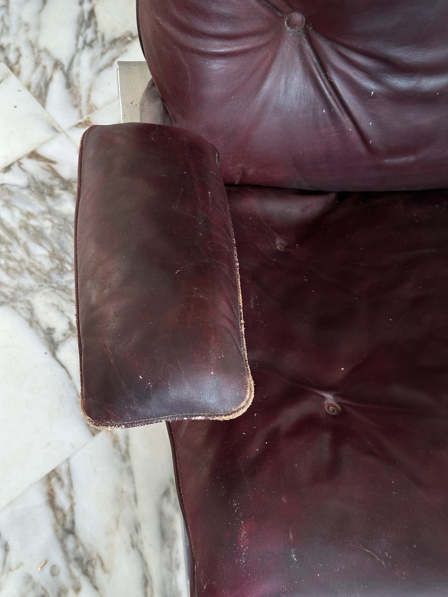 Large Modern Armchair Olivier Mourgue Airborne 1960 Vintage Design Red Leather Ottoman Chrome-photo-3