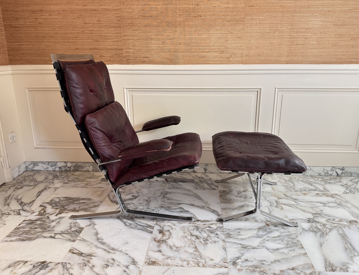 Large Modern Armchair Olivier Mourgue Airborne 1960 Vintage Design Red Leather Ottoman Chrome