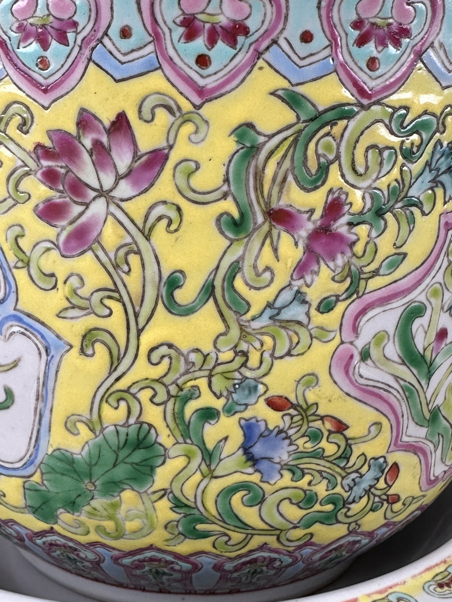 Antique Chinese Porcelain Flowerpot Enamels Famille Rose Yellow Qianlong 20th Century-photo-3