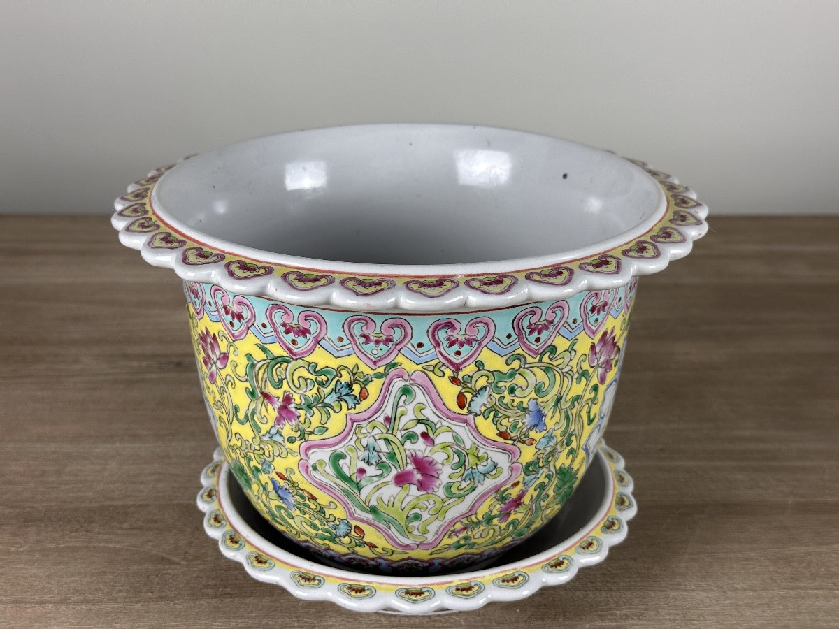 Antique Chinese Porcelain Flowerpot Enamels Famille Rose Yellow Qianlong 20th Century-photo-4
