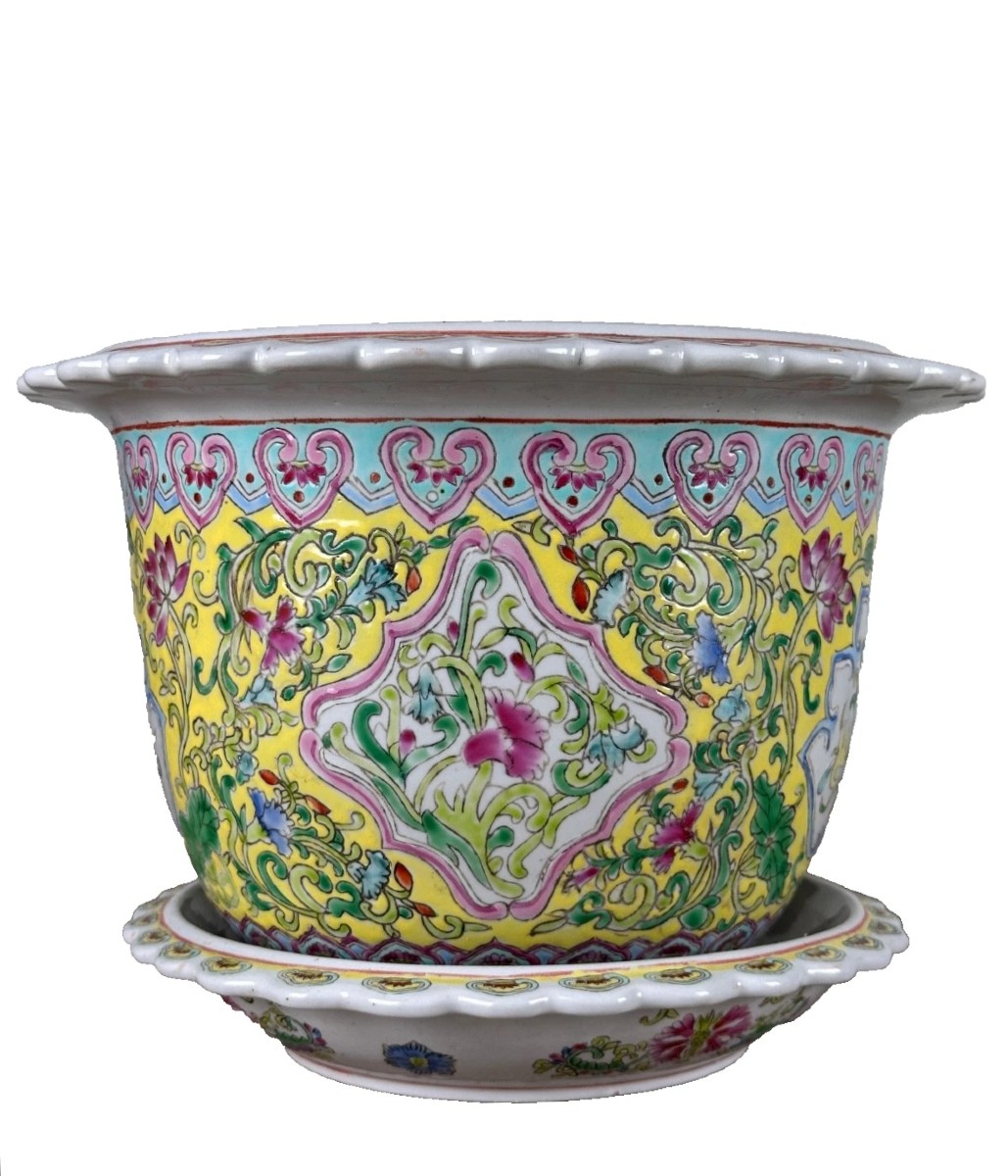 Antique Chinese Porcelain Flowerpot Enamels Famille Rose Yellow Qianlong 20th Century