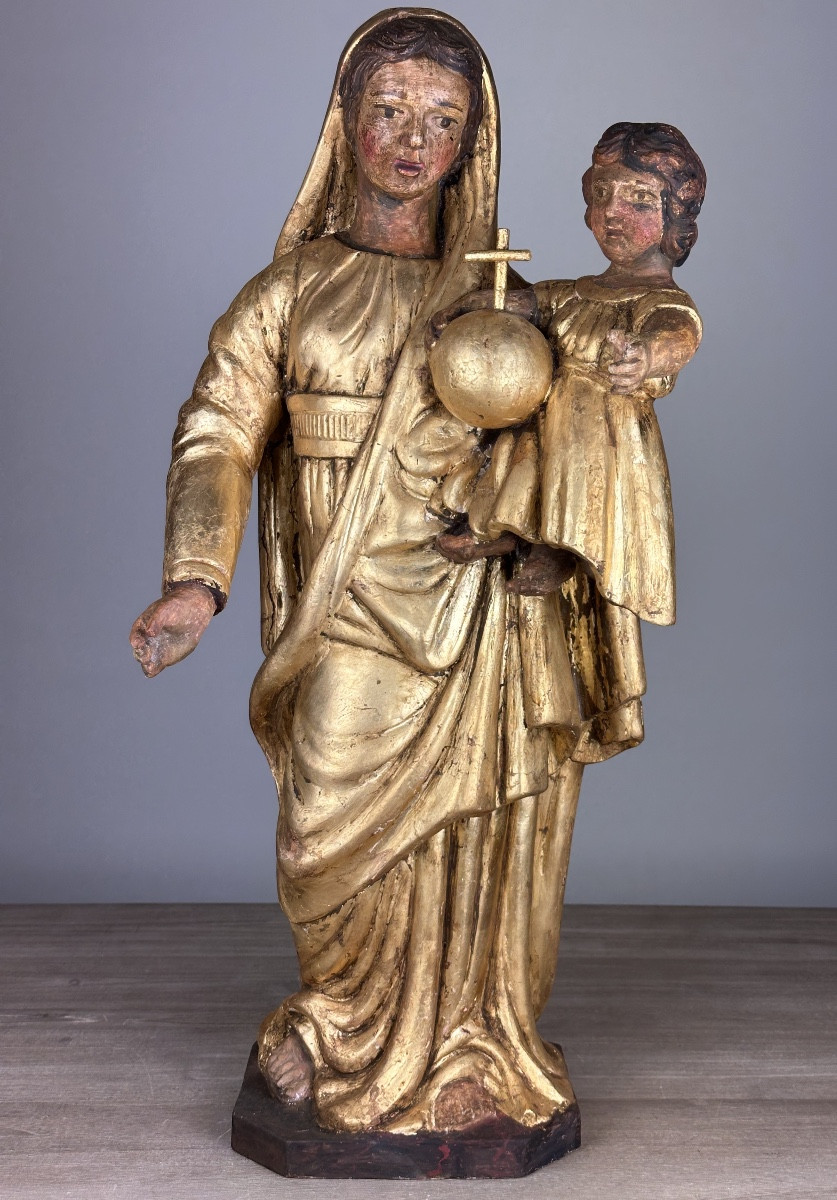 Antique Large Gilded Wooden Statue Of The Virgin And Child, French, 18th Century Salvator Mundi -photo-2