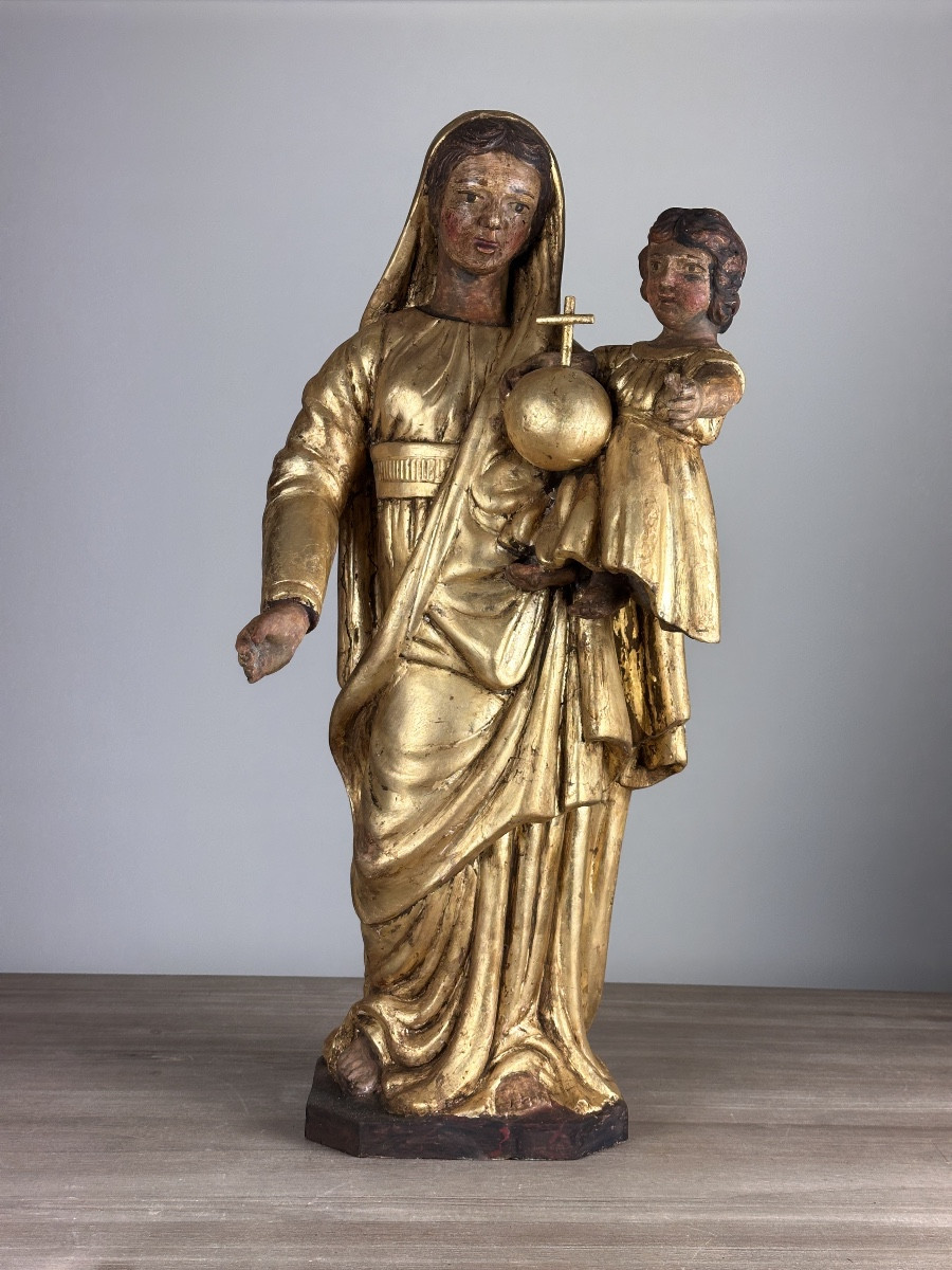 Antique Large Gilded Wooden Statue Of The Virgin And Child, French, 18th Century Salvator Mundi -photo-3
