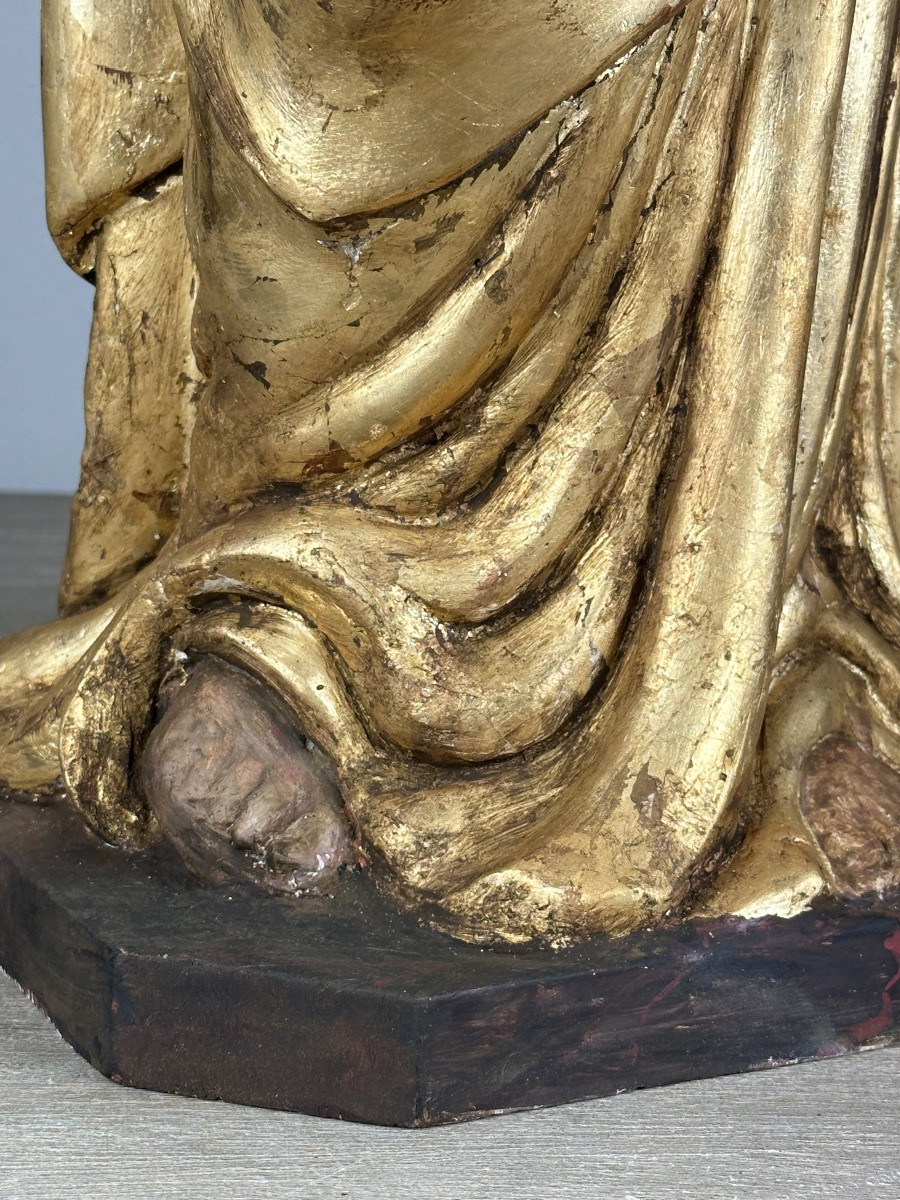 Antique Large Gilded Wooden Statue Of The Virgin And Child, French, 18th Century Salvator Mundi -photo-3
