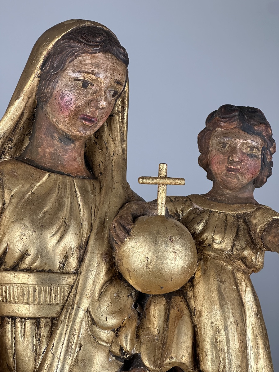 Antique Large Gilded Wooden Statue Of The Virgin And Child, French, 18th Century Salvator Mundi 