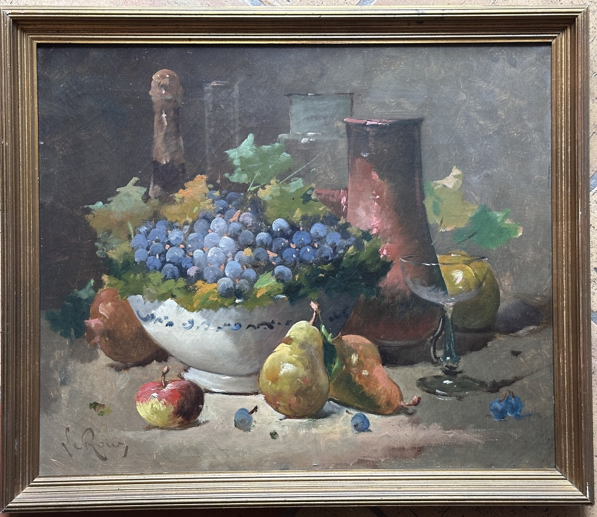 Alfred de Neuville tableau Nature Morte aux raisins Champagne et Fruits  19e-photo-2