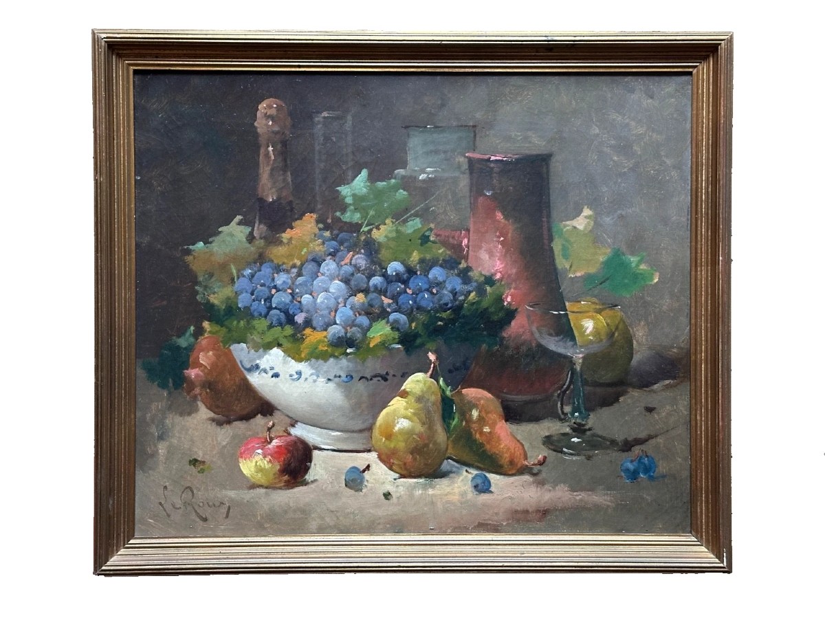 Alfred de Neuville tableau Nature Morte aux raisins Champagne et Fruits  19e-photo-4