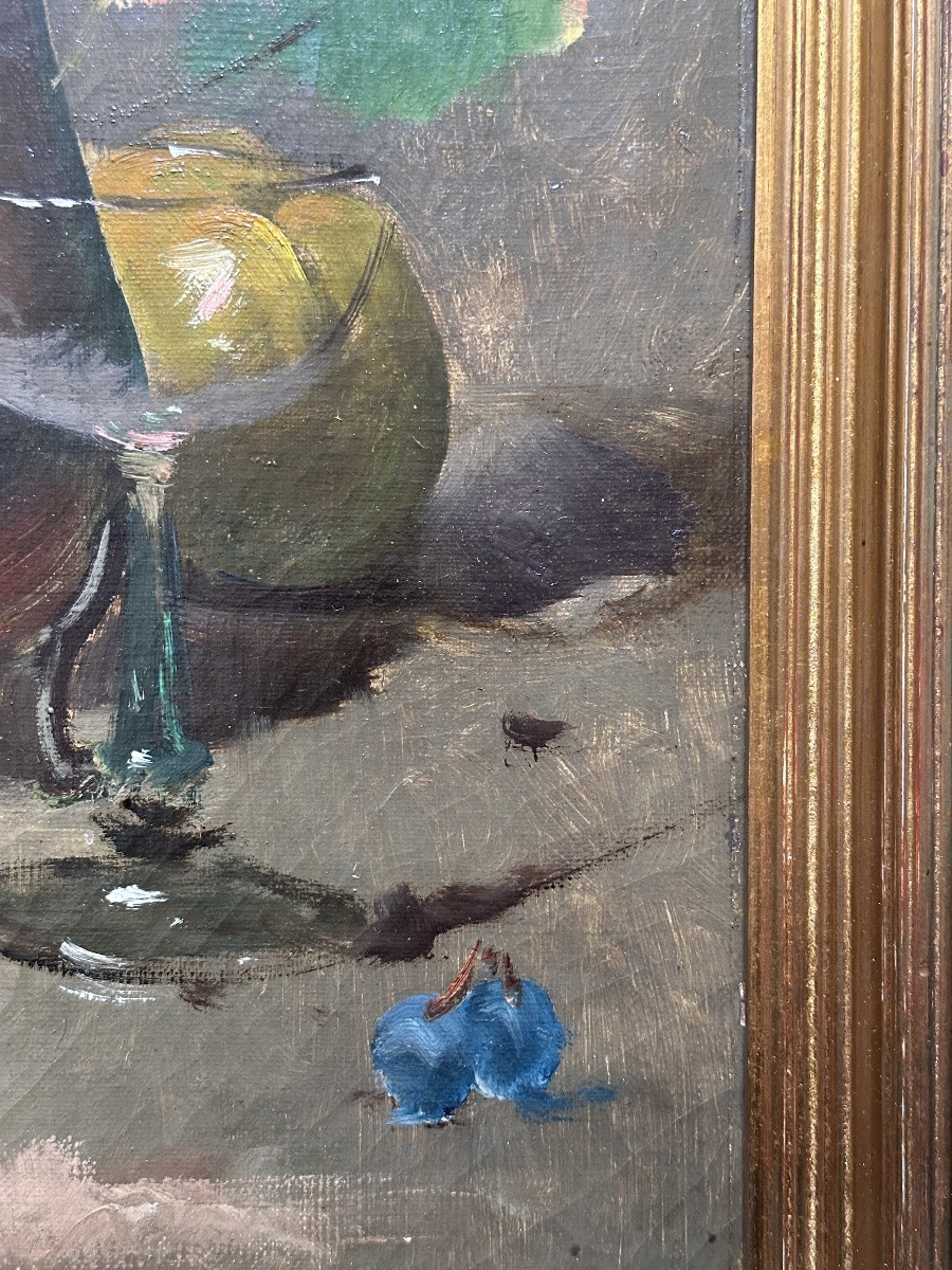 Alfred de Neuville tableau Nature Morte aux raisins Champagne et Fruits  19e-photo-2