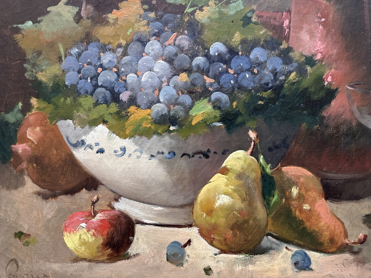 Alfred de Neuville tableau Nature Morte aux raisins Champagne et Fruits  19e