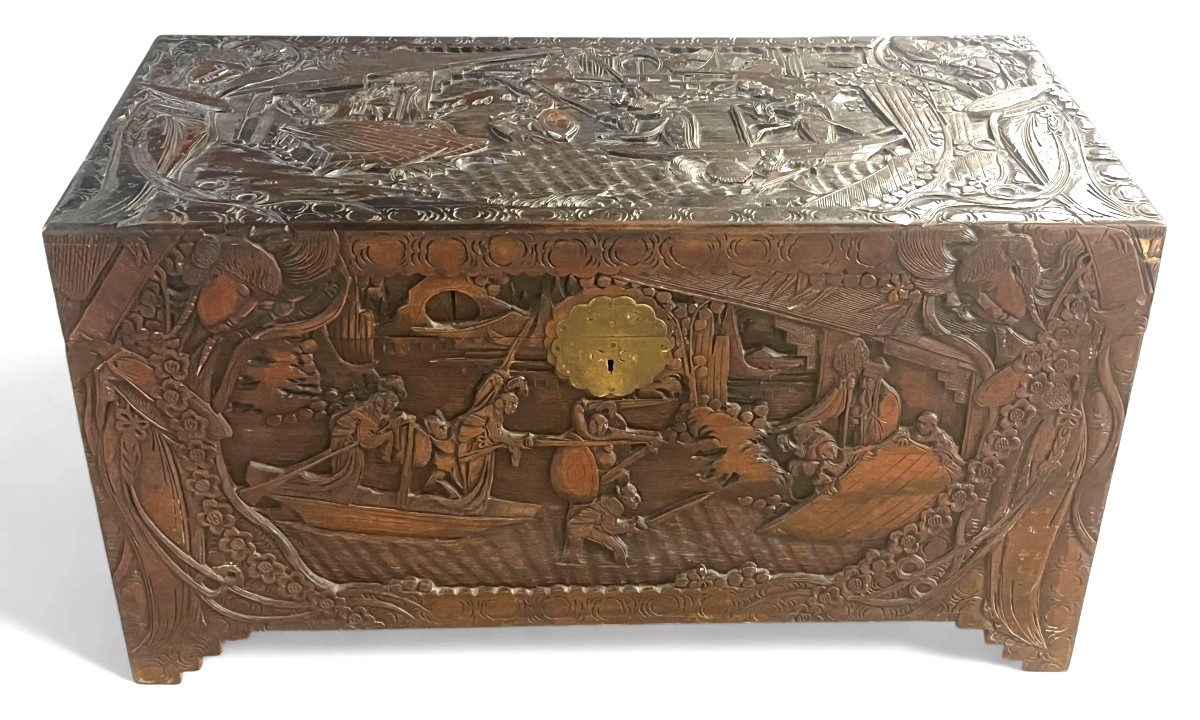 Antique Camphor Wood Carved Travel Chest Asia China Joust Junk Landscape 1900-photo-2