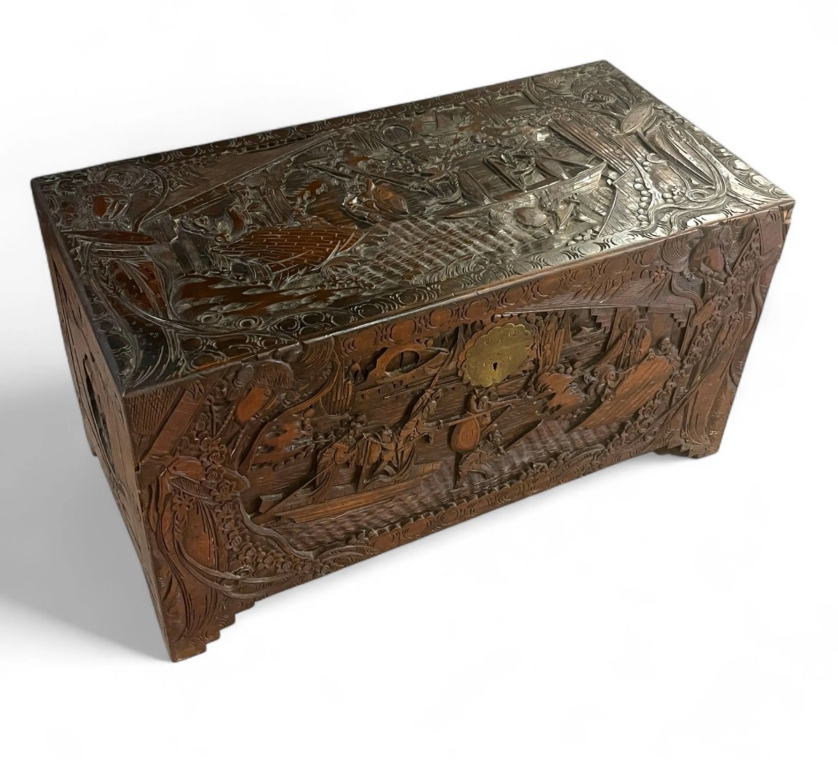 Antique Camphor Wood Carved Travel Chest Asia China Joust Junk Landscape 1900-photo-2
