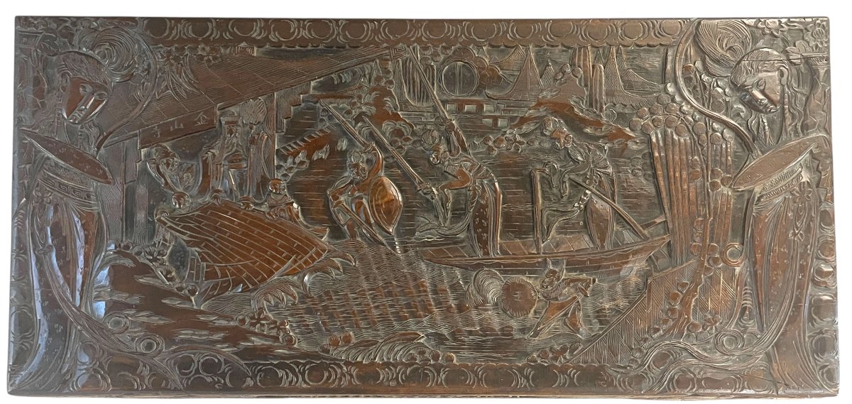 Antique Camphor Wood Carved Travel Chest Asia China Joust Junk Landscape 1900-photo-4