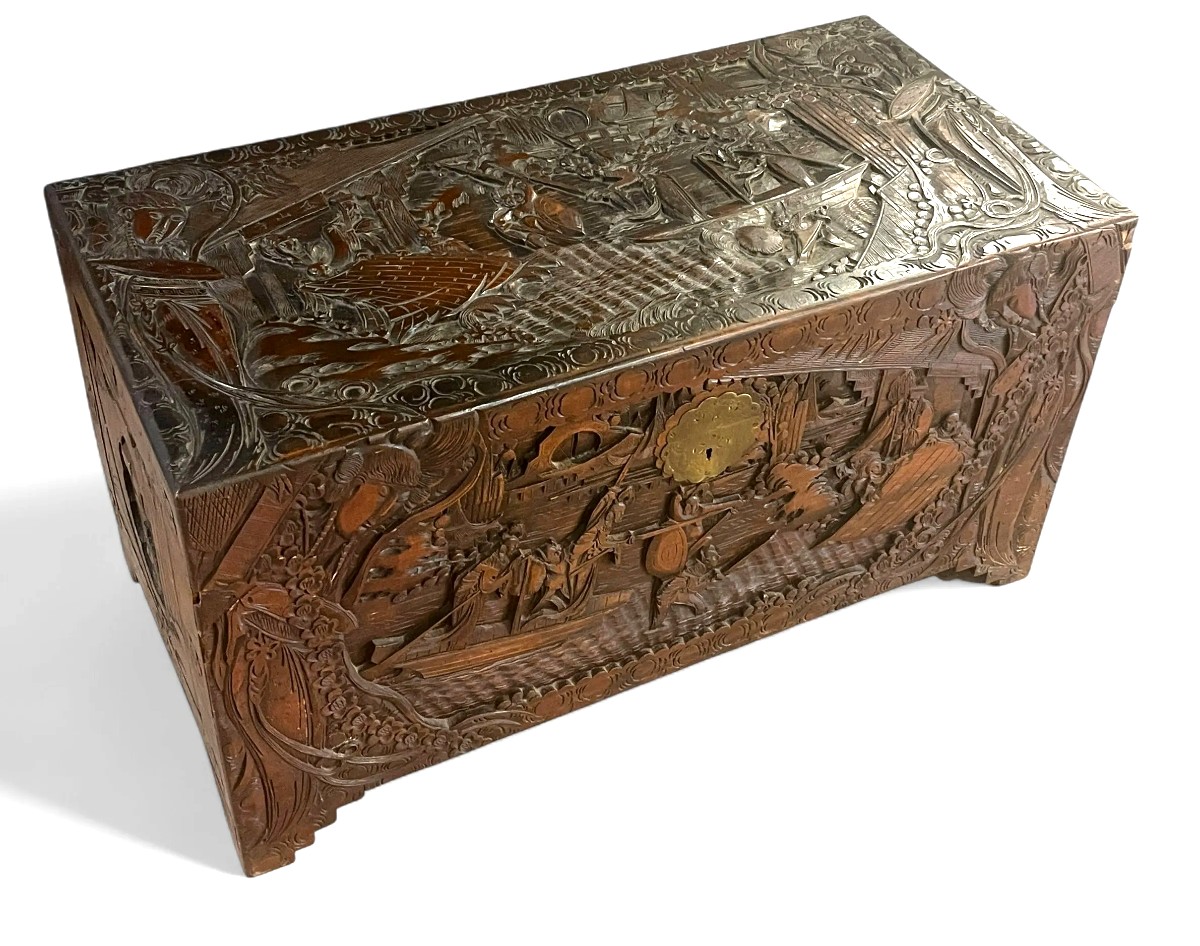 Antique Camphor Wood Carved Travel Chest Asia China Joust Junk Landscape 1900