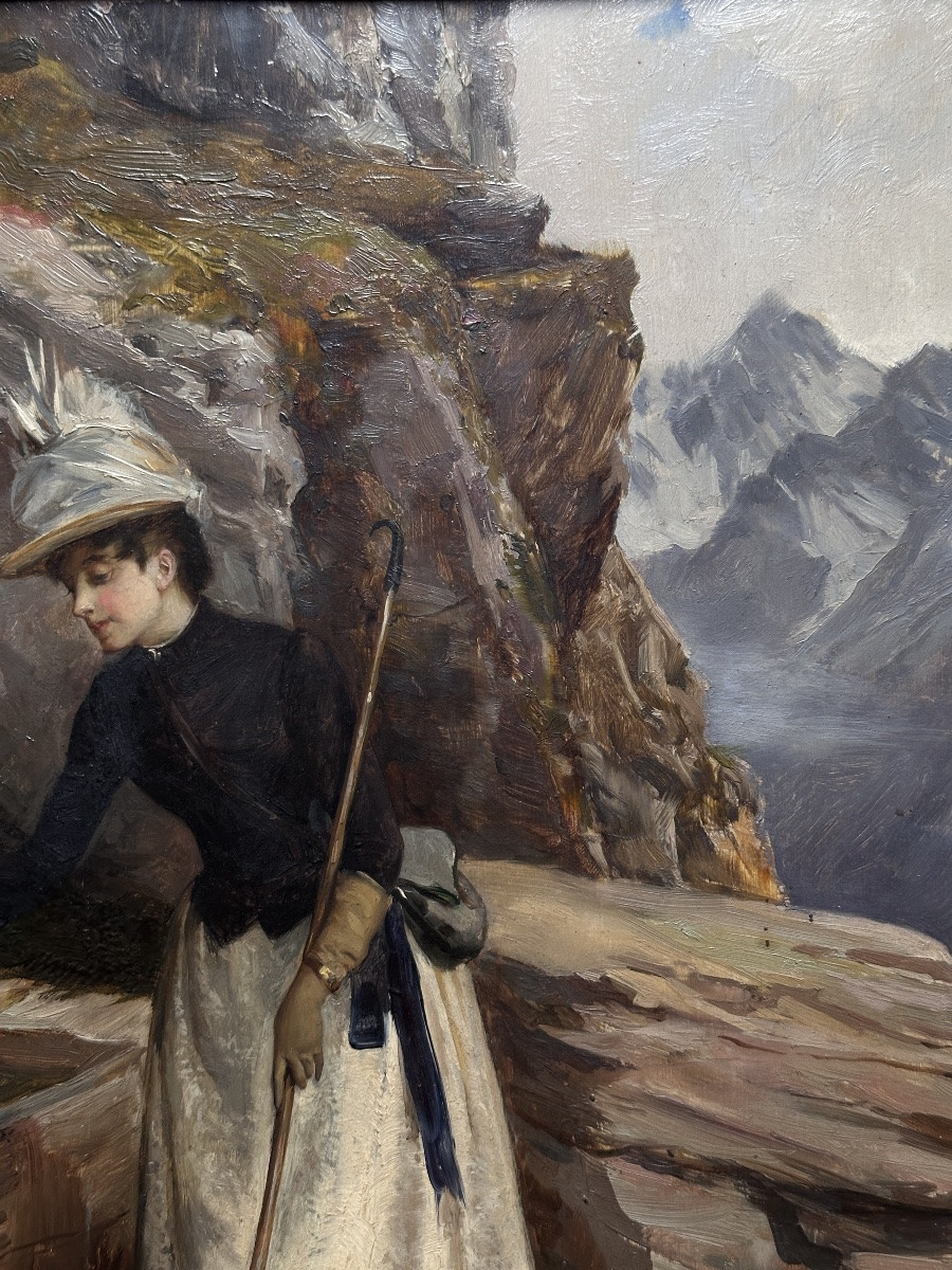 JULES GIRARDET Tableau  portrait élégante Vacances Thermales  Alpinisme Montagne ALPES  19ème -photo-3