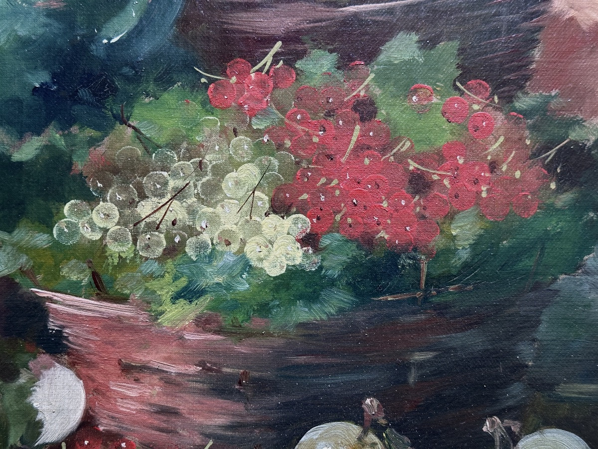Alfred De Neuville Painting Still Life With Gooseberries Champagne Fruit Basket 19th-photo-2
