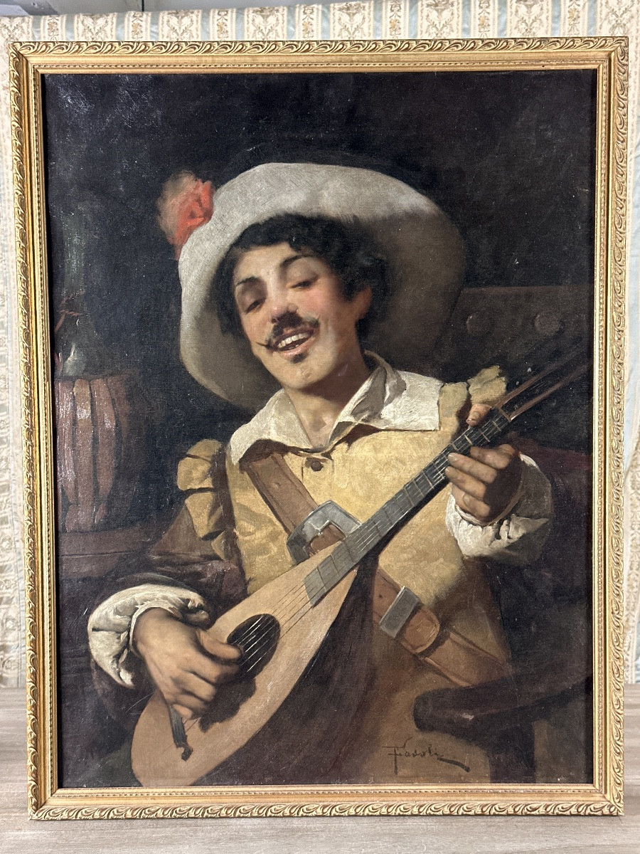 Fasoli Beau tableau  portrait Homme Italie  musicien Luth taverne NICE signé19ème-photo-3