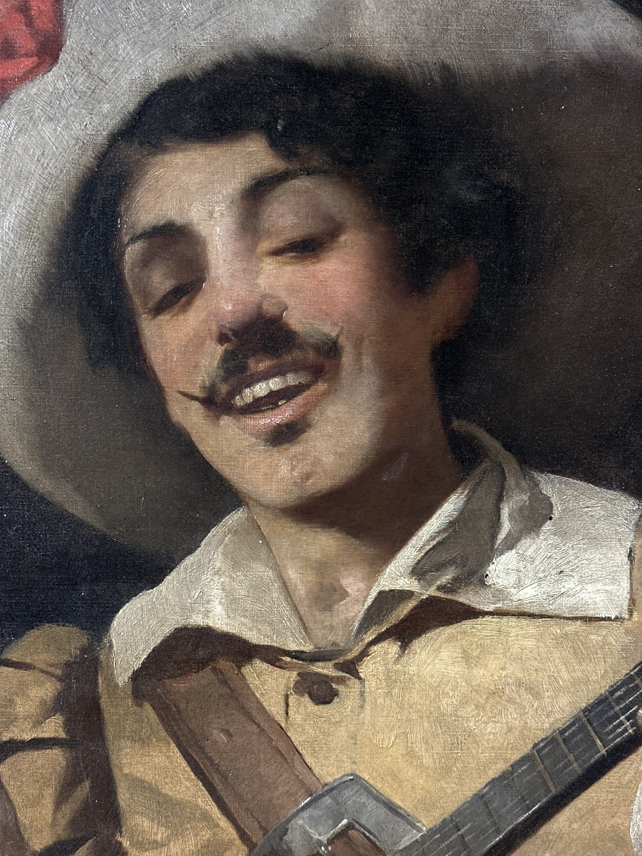 Fasoli Beau tableau  portrait Homme Italie  musicien Luth taverne NICE signé19ème-photo-4