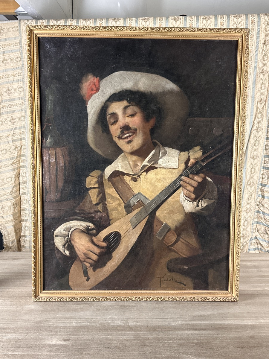  Fasoli Beau tableau  portrait Homme Italie  musicien Luth taverne NICE signé19ème-photo-8
