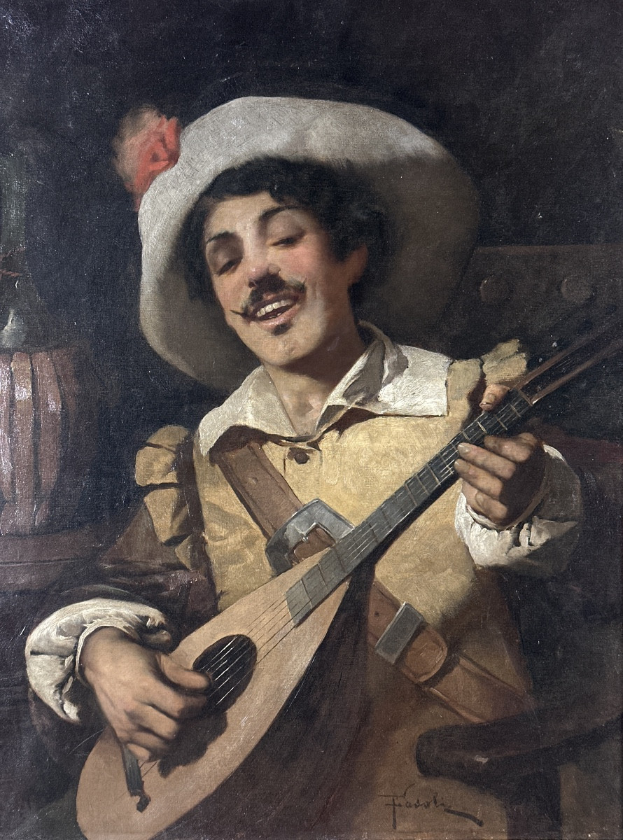  Fasoli Beau tableau  portrait Homme Italie  musicien Luth taverne NICE signé19ème