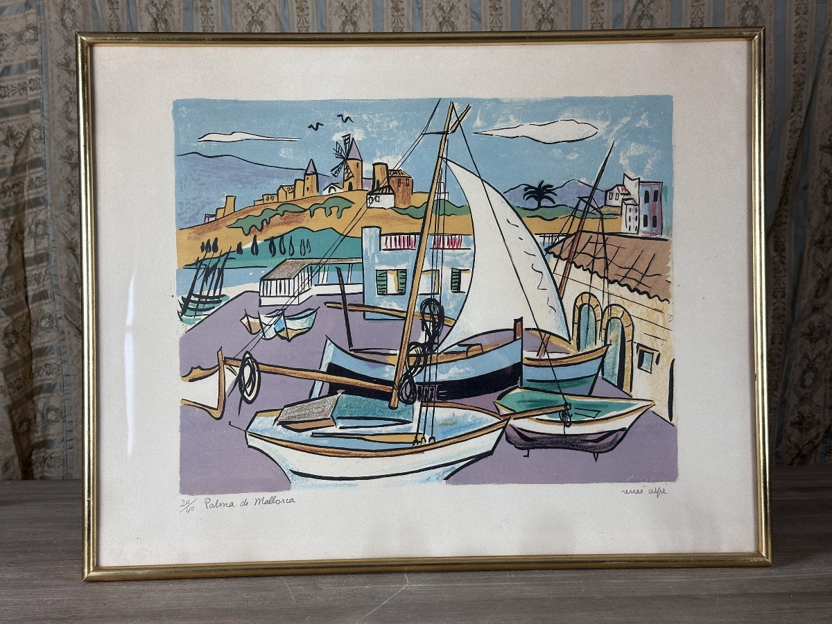 Belle lithographie moderne le port Ibiza Palma de Majorque, Renée Aspe, 1960 Toulouse-photo-1