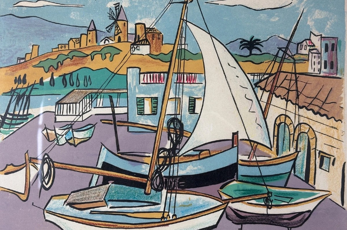 Belle lithographie moderne le port Ibiza Palma de Majorque, Renée Aspe, 1960 Toulouse
