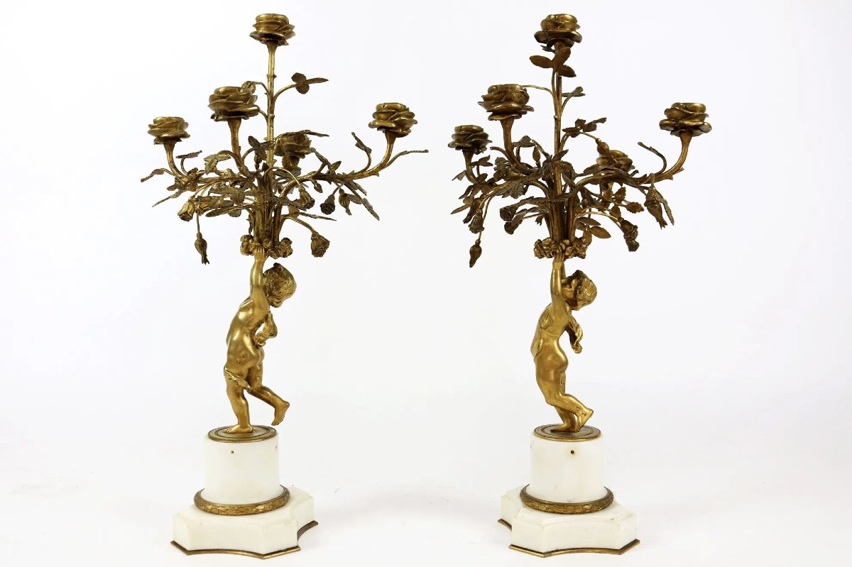 Antique Pair Of Louis XVI Gilt Bronze Candelabras Love Putti Candle Holder 55 Cm 19th Century Candlestick -photo-3