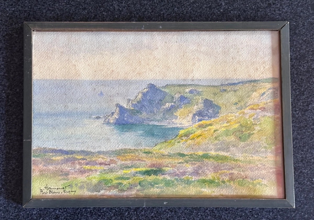 Léon Hamonet Painting Brittany Coastline Port-blanc Herquy Watercolor Breton -photo-3