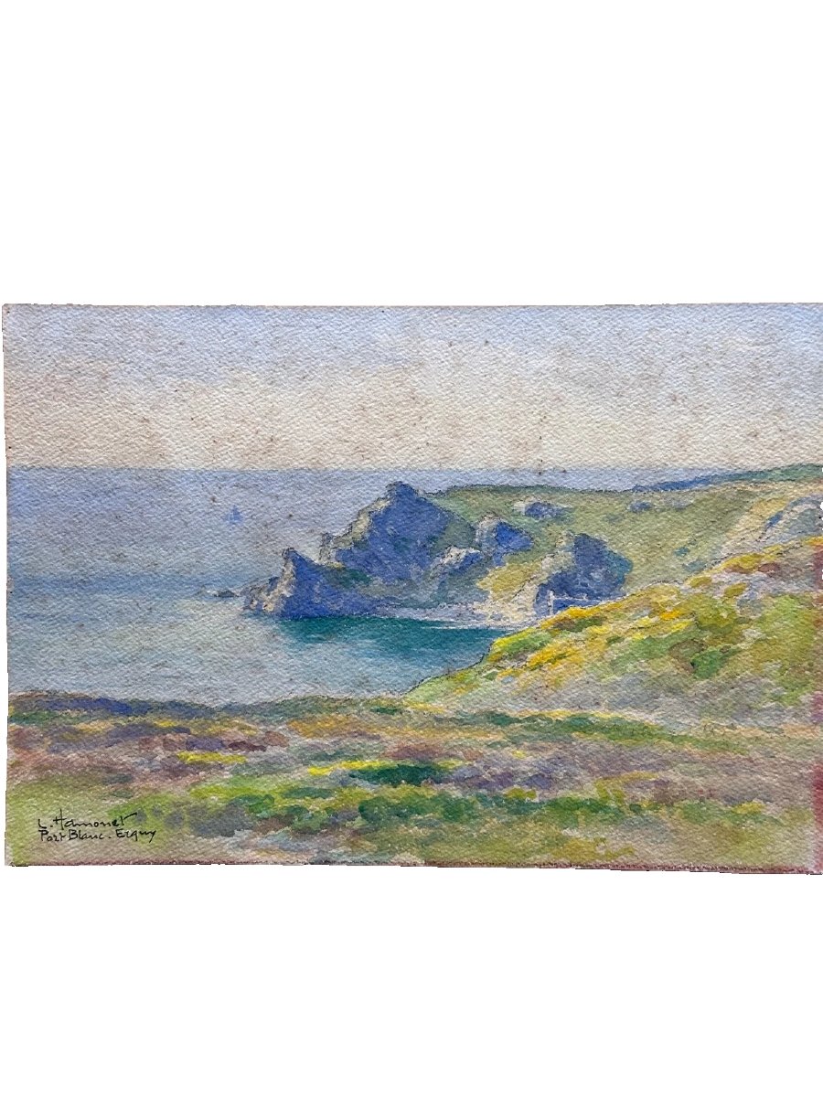 Léon Hamonet Painting Brittany Coastline Port-blanc Herquy Watercolor Breton -photo-1