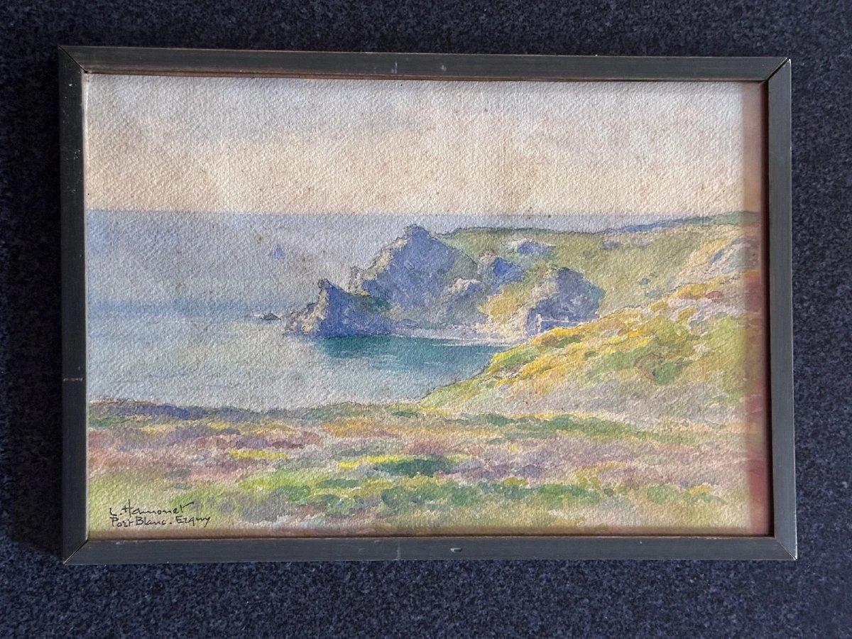 Léon Hamonet Painting Brittany Coastline Port-blanc Herquy Watercolor Breton -photo-4