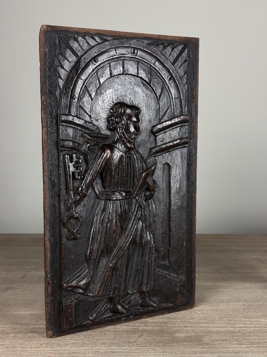 Carved Wood Panel Altarpiece Saint Pierre Paradis Oak Attributes -photo-3