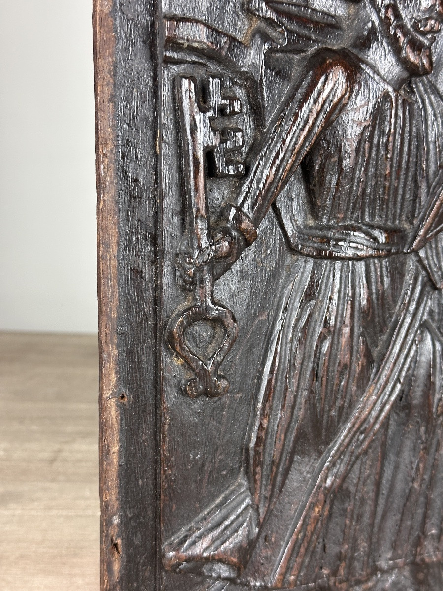 Carved Wood Panel Altarpiece Saint Pierre Paradis Oak Attributes -photo-4