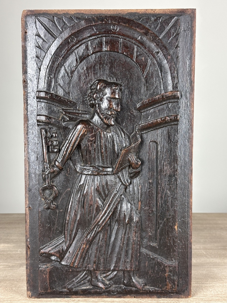 Carved Wood Panel Altarpiece Saint Pierre Paradis Oak Attributes -photo-5